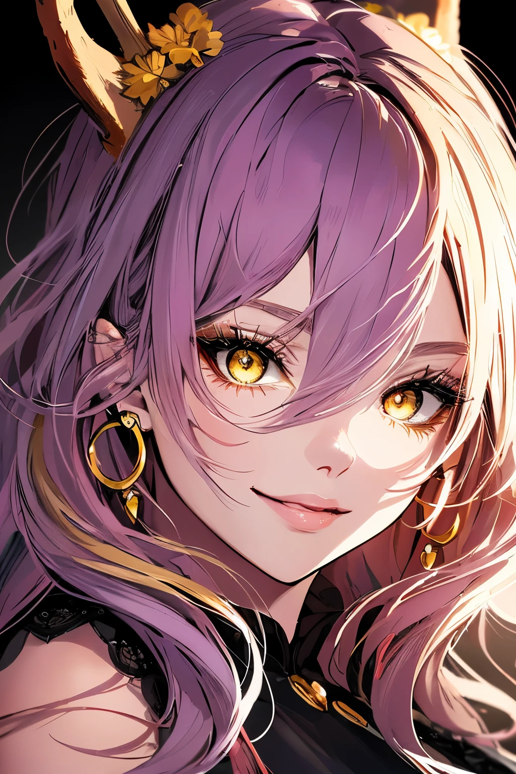 (Highest quality,Tabletop:1.3),(Anime Style,Comic Core:1.2),Upper Body,Adorable,Highly detailed eyes,Highly detailed face,Very fine hair,8k,solve, Semi-realistic anime portraits, 1 Female, ((Yellow deer eyes)), Purple Hair, Long Hair, Wavy Hair, Swept-apart bangs, Cute eyes, Juicy lips, Black modern lace crop top, Round earrings and rings, Beautiful face with makeup, Red eyeshadow, Doll-like face, Fake bright smile, Popular girls, Shadows fall over the eyes