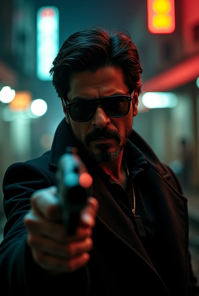 SRK in A Gangster Movie noir with shorter beard with black glasses