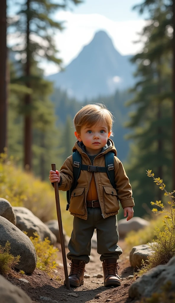 Create UHD photorealistic realistic image, no animation, no 3D image, no Pixar style. A 36-month-old French boy with light brown hair and blue eyes, dressed in rugged outdoor clothes. He is standing on a rocky path in a forest, holding a walking stick, with a determined look on his face. The background shows towering pine trees and a distant mountain range. Captured with a Sony Alpha 7R IV, 70-200mm lens, f/2.8, using natural sunlight filtered through the trees. His five fingers are perfectly visible, creating a realistic image for a family album.