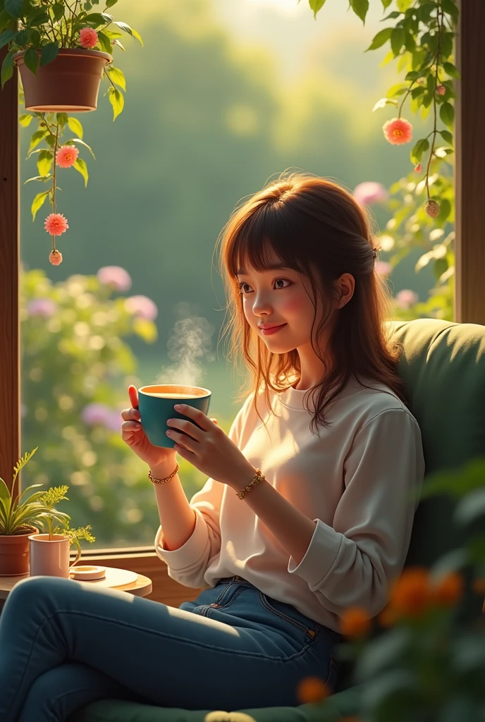 Me drinking coffee at my house in the garden