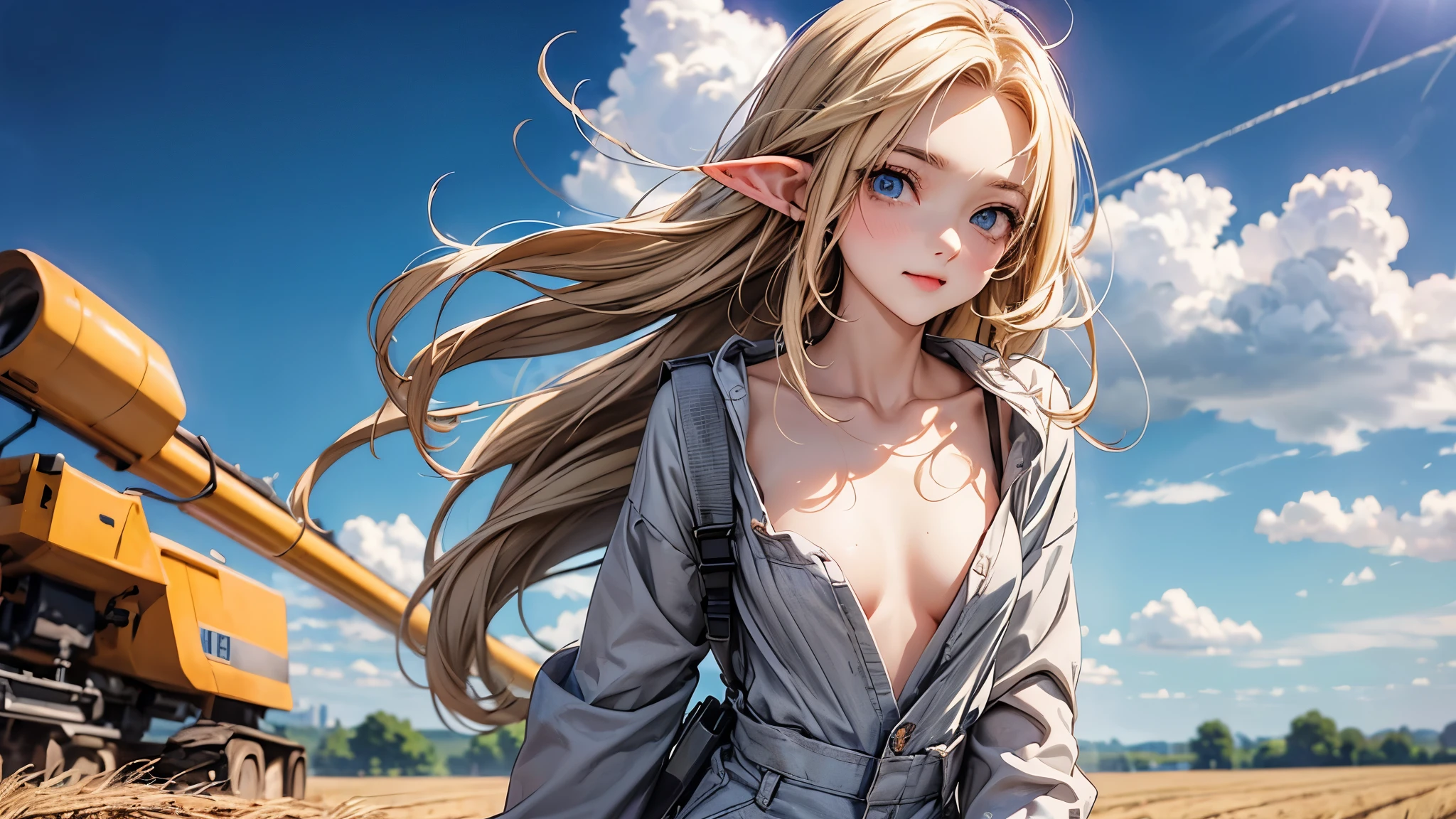 ((Masterpiece)), (Anime:1.5), ((best quality)), (RAW photo:1.2), (High Definition:1.3), (Professional Photography:1.2), (), (1girl), cute young girl, BREAK, (naughty face:1.3), (Beautiful daiamond eyes:1.5), (pale skin), elf girl, wearing Gray Workwear Coveralls, flat chest, slender waist, BREAK, (hair over eyes:1.2), Silky hair, medium hair, ((blond hair)), wearing Gray Workwear Coveralls, (in a wheat field among agricultural machinery), ((low-cut neckline)), (open clothing in the chest area), ((Ukrainian flag on the background in the field)), Ukrainian flag on a flagpole