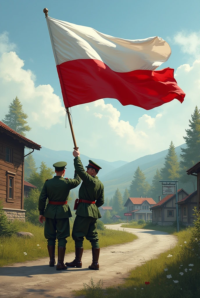 Create art, where Belarusian soldiers pose over a village with a flag (Their flag is white-red-white, it consists of three horizontal stripes of equal size - white, red and white, with the ratio of width and without coat of arms purely vertical flag white-red-white) behind them stood a road sign with the text Medvezhye-Sankovo