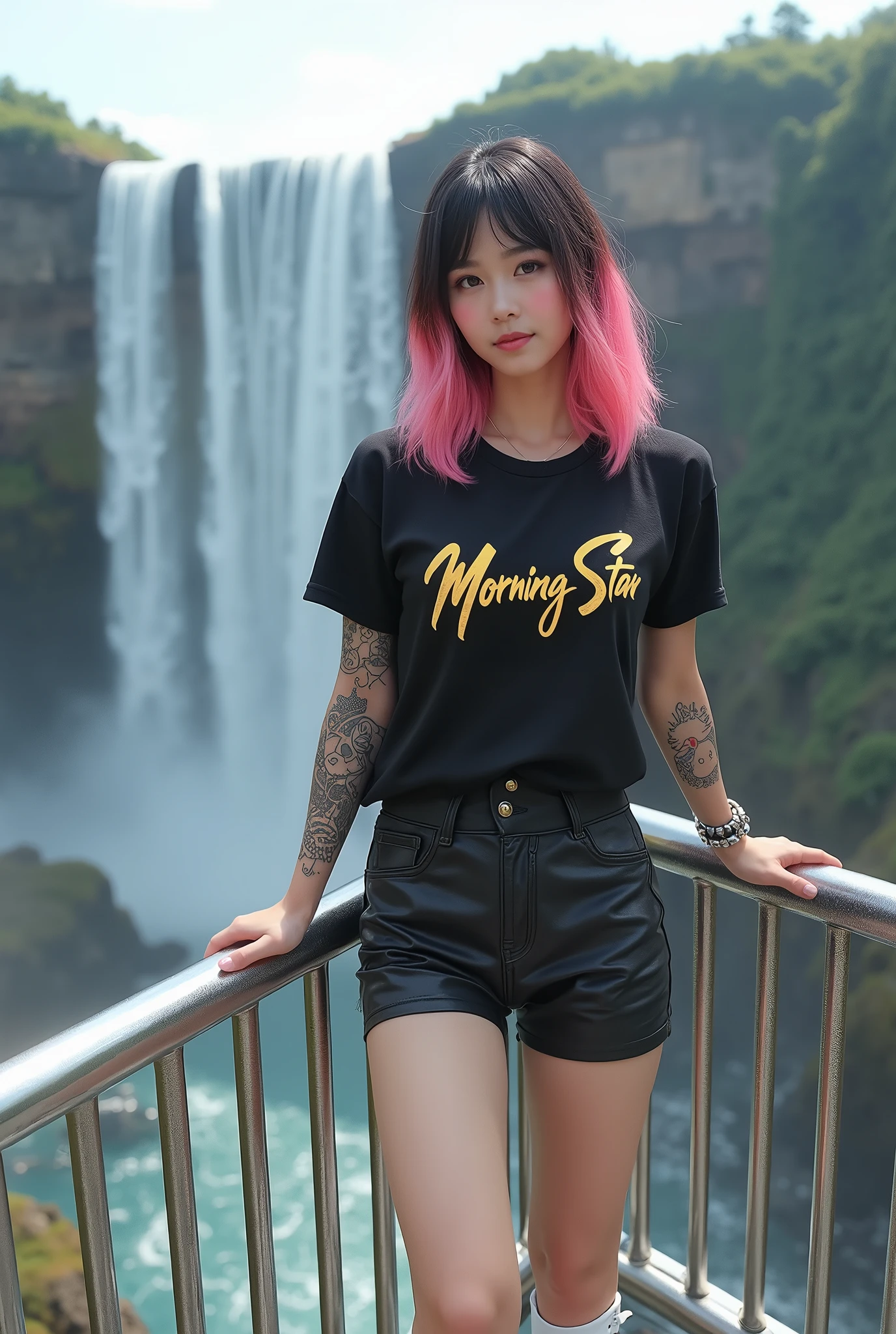 a beautiful Thai woman, standing on a silver metal deck or platform with a view of the waterfall in the background.the woman has pink black hair, gives a modern and stylish effect. He was wearing a black metal t-shirt that said "Morning Star" fhon indonesia gold color on the chest, and modern shorts, white boots. This woman is leaning on the platform railing with both hands tattooed with hello kitty patterns., look relaxed and enjoy the beautiful view. landscape