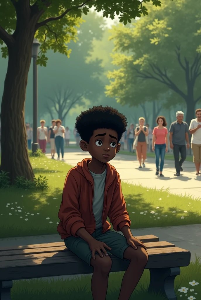 Generates a 1 black boy sitting in a park, With an uncomfortable and lost look watching white people pass by that place and they stare at it