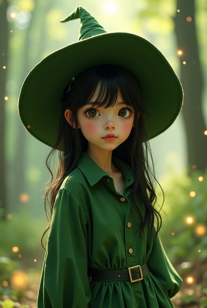 (Simple green witch gown and big green shirt,Simple Green Witch Cute girl with big hat and headband, 귀여운 black hair 소녀, approximately., short stature, black hair , Green dressing gown, chapped lips,upper body, light particles, forest, intense sunlight,The effect of twinkling aerial lights,oversized shirt,lanthanum),masterpiece, top quality, Detailed skin texture, detailed cloth texture, Really detailed face, intricate details, very detailed, Regina Display, super detail, high details, high quality, best quality, highest resolution