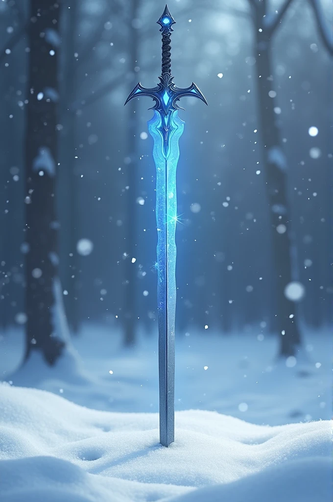 Generate picture of a Glaive Polearm of blue colored blade and silvered white colored long shaft. Background is to be of snow falling, snow land