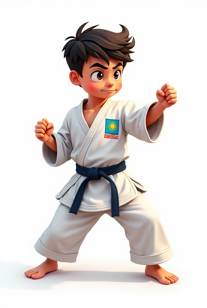 ((officially)) ((masterpiece)) ((Best quality)) ((detailed)) cartoon boy karateka in uniform with emblem flag of Kazakhstan in fighting stance on white background