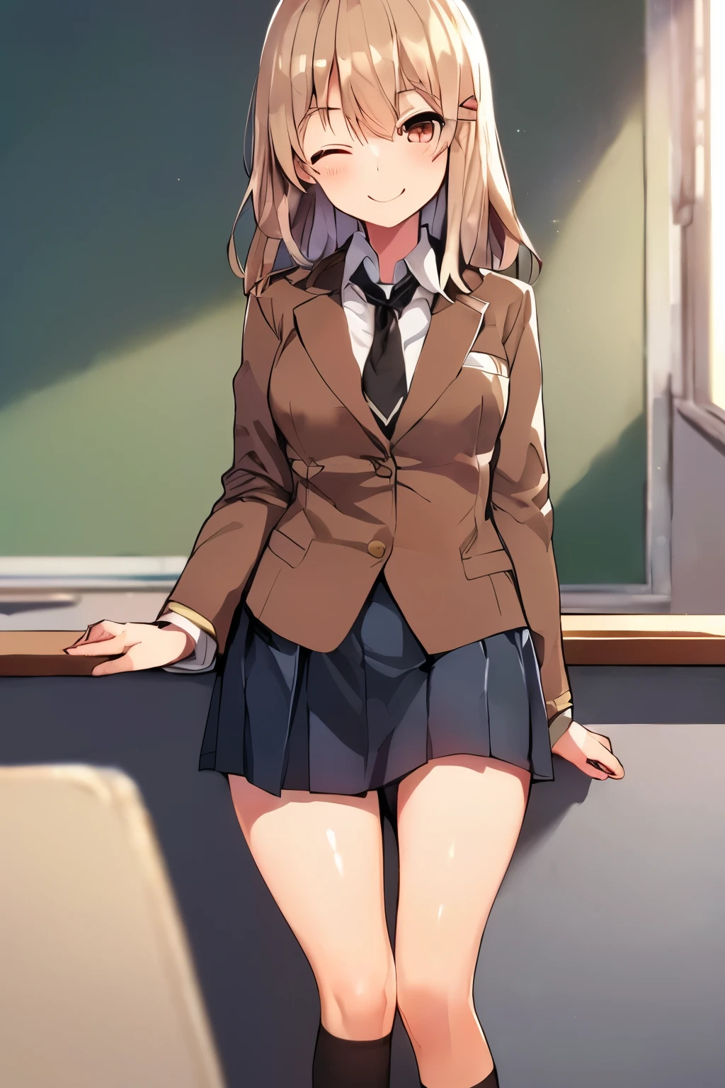 ((1 girl))、laughter、blush、shirt、のskirt、、((fun))(small breasts)、chiralism、gray hair、()、(黒いskirt:1.3)、bow, button, 襟の付いたshirt, long sleeve, マイクロskirt, プリーツskirt、(Jacket)、 skirt, socks, thighs, 白い shirt, Rest indoors, ((classroom:1.5))、 BREAK looking at viewer、skirtの破れ,(skirtを掴む:1.5)、 (perfect hands, perfect anatomy),cowboy shot、(skirt lift:1.3),(Very detailed white panties:1.3)、(Very detailed panties:1.3)、、(skirt that rolls up:1.3)、(fully exposed panties:1.5)、