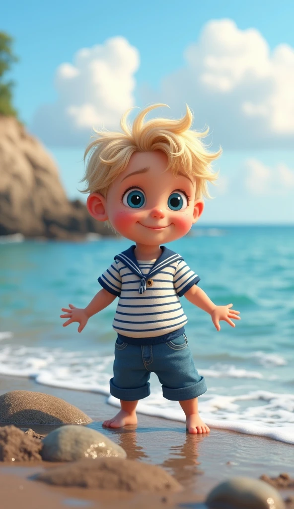 Create UHD photorealistic realistic image, no animation, no 3D image, no Pixar style. A 26-month-old French boy with sandy blonde hair and bright blue eyes, standing on a rocky beach, playing near the water's edge. He is wearing a striped sailor outfit, with a playful expression. The background shows a vast, calm sea under a partly cloudy sky. Captured with a Fujifilm GFX 100S, 45mm lens, f/2.8, using soft daylight. His five fingers are clearly visible, making the image ideal for a family album.