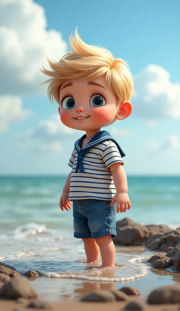 Create UHD photorealistic realistic image, no animation, no 3D image, no Pixar style. A 26-month-old French boy with sandy blonde hair and bright blue eyes, standing on a rocky beach, playing near the water's edge. He is wearing a striped sailor outfit, with a playful expression. The background shows a vast, calm sea under a partly cloudy sky. Captured with a Fujifilm GFX 100S, 45mm lens, f/2.8, using soft daylight. His five fingers are clearly visible, making the image ideal for a family album.