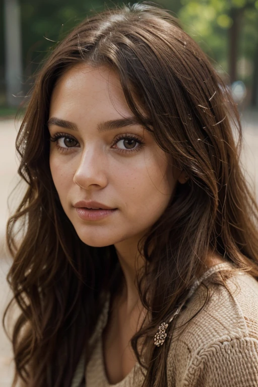 "A 2 French woman with a naturally detailed face, featuring long brown curly hair and beautifully expressive brown eyes. Her closed mouth and slight facial imperfections add authenticity to her appearance. The focus is on her natural beauty, with intricate yet subtle details that highlight her real and human features. Her skin is naturally textured, enhancing her lifelike presence. The image is captured with a realistic approach, emphasizing photo focus, depth of field (DOF), and aperture for a natural and authentic portrait. The rendering is high quality, with an emphasis on creating a vibrant, hyper-realistic image that reflects genuine human characteristics."