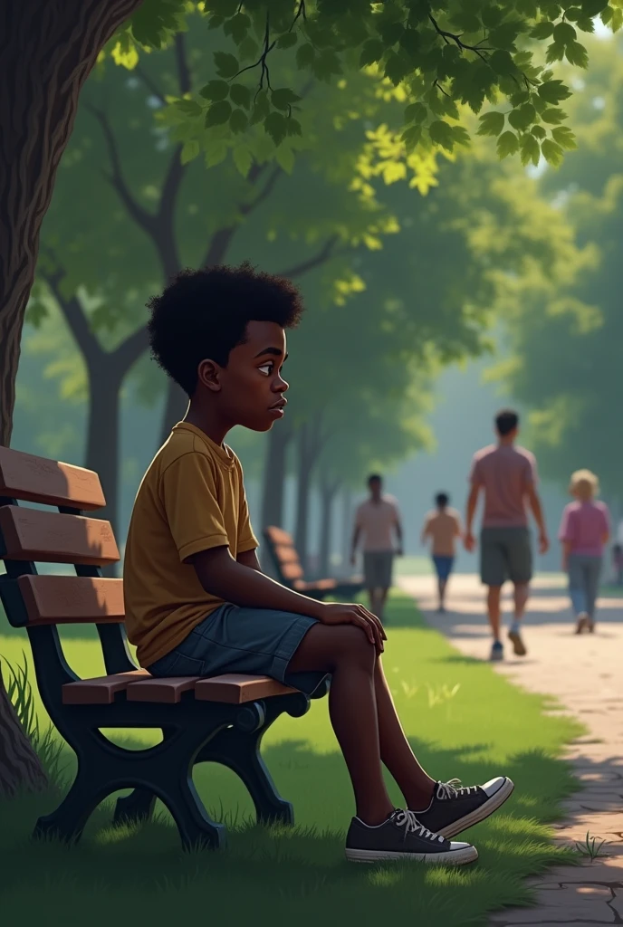 Generates a 1 black boy sitting in a park, With an uncomfortable and lost look watching white people pass by that place and they stare at it