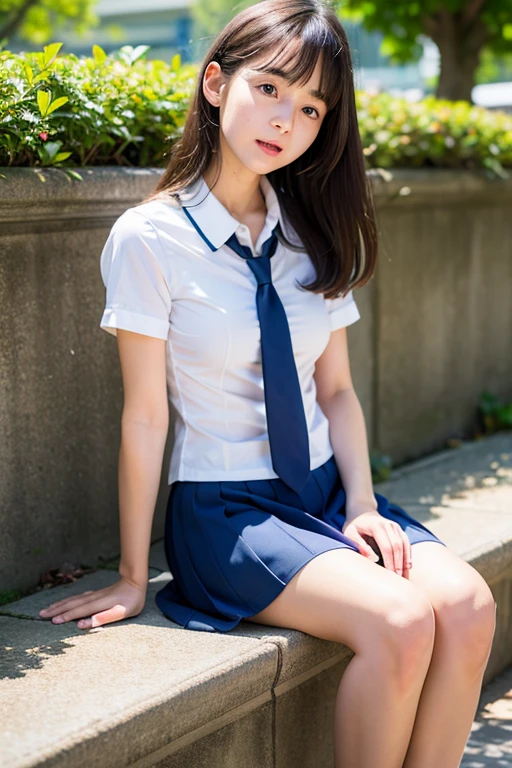 Beautiful face in every detail、Thin arms、Beautiful legs、Fair skin、Japanese schoolgirl、Moderate skin exposure、Small and thin body、Wearing summer uniform、cute、Whole body shot、High resolution, Big round breasts, Are crying, Cry with your eyes open, 
