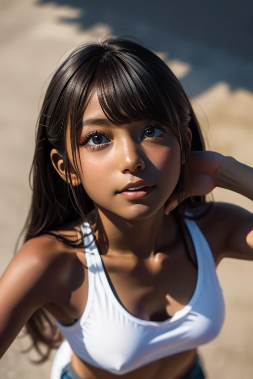 one girl, Put your hand over your mouth、Beautiful breasts、 Brown eyes, ((Gal Hairstyles)) blonde, girl, (Eye and facial details:1.0), break, (masterpiece, Highest quality, Very detailed, Detailed face, 8k),( dark skin:1.95 ),(((( looking up )))),唇を噛みしめる, 大きな胸, ショートカット,