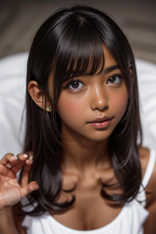 one girl, Put your hand over your mouth、Beautiful breasts、 Brown eyes, ((Gal Hairstyles)) blonde, girl, (Eye and facial details:1.0), break, (masterpiece, Highest quality, Very detailed, Detailed face, 8k),( dark skin:1.95 ),(((( looking up )))),唇を噛みしめる, 大きな胸, ショートカット, 