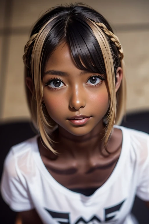 one girl, Put your hand over your mouth、Beautiful breasts、 Brown eyes, ((Gal Hairstyles)) blonde, girl, (Eye and facial details:1.0), break, (masterpiece, Highest quality, Very detailed, Detailed face, 8k),( dark skin:1.95 ),(((( looking up )))),唇を噛みしめる, 大きな胸, ショートカット,