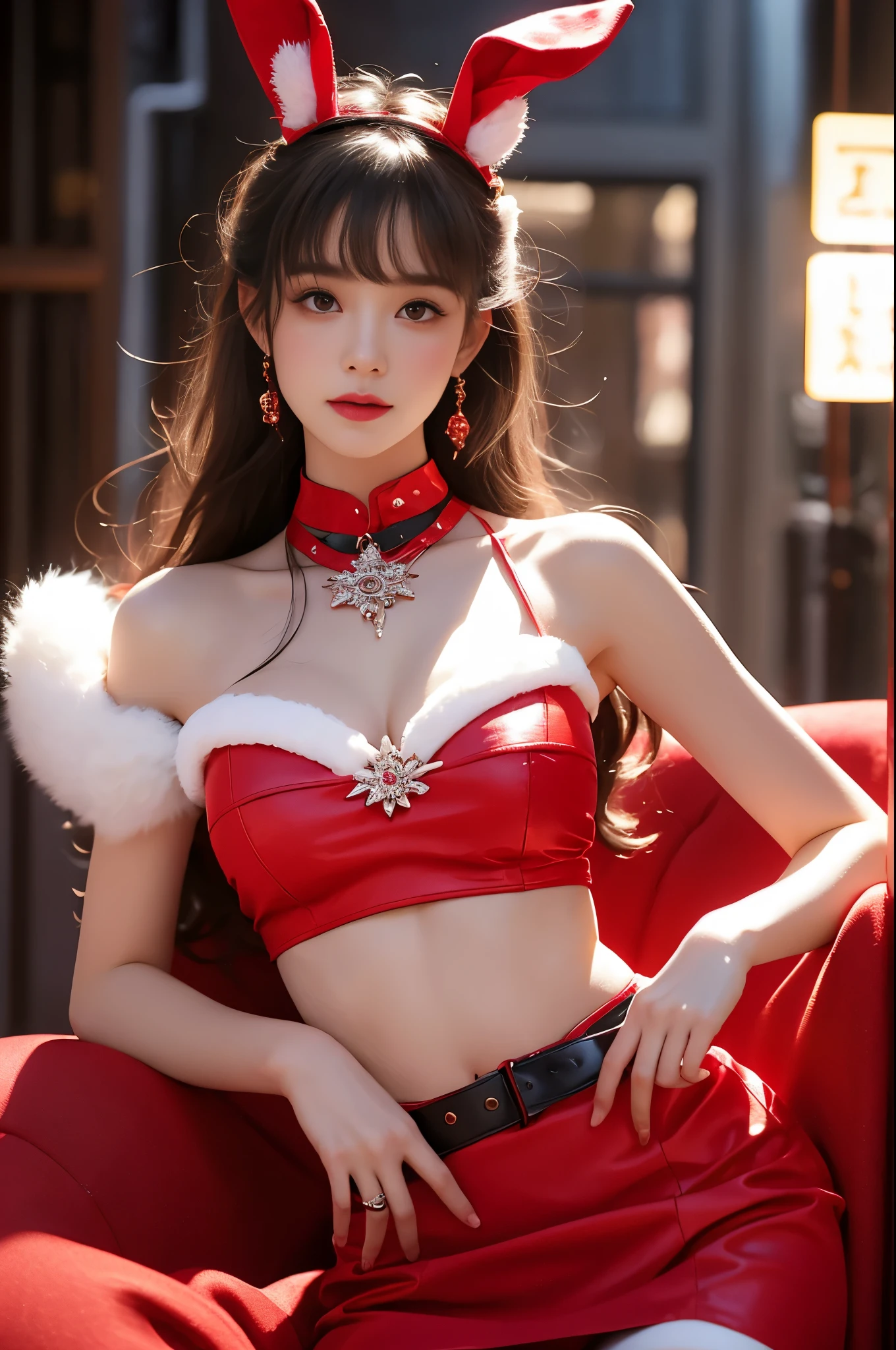 rebellion, bare shoulders, belt, crop top, red pencil skirt, miniskirt,christmas_dress,Fur trim, red fingerless gloves, midriff, Santa costume, rabbit tail, rabbit ears, fake animal ears,(quality improvement:1.4),1girl, Full breasts,Visible cleavage,Sexy long legs,The skirt is short,She gently lifted her skirt with one hand,Surrounded by white Phalaenopsis orchids,Lilac dendrobium、White Lily, Flying petals,(Top quality leather), Delicate face,Black Hair, Gradient hair, Body,(Body1.1), He has a precious gem on his forehead., Shining Student,Long eyelashes,Smile, Surrealism, Movie Lighting, Projection Insertion, Surrealism, Ultra HD, masterpiece,lie,Keep dreaming,Open your legs slightly.,Tattoo,Fantasy Space,Luxurious space,Exquisite makeup,Blush,Shy expression