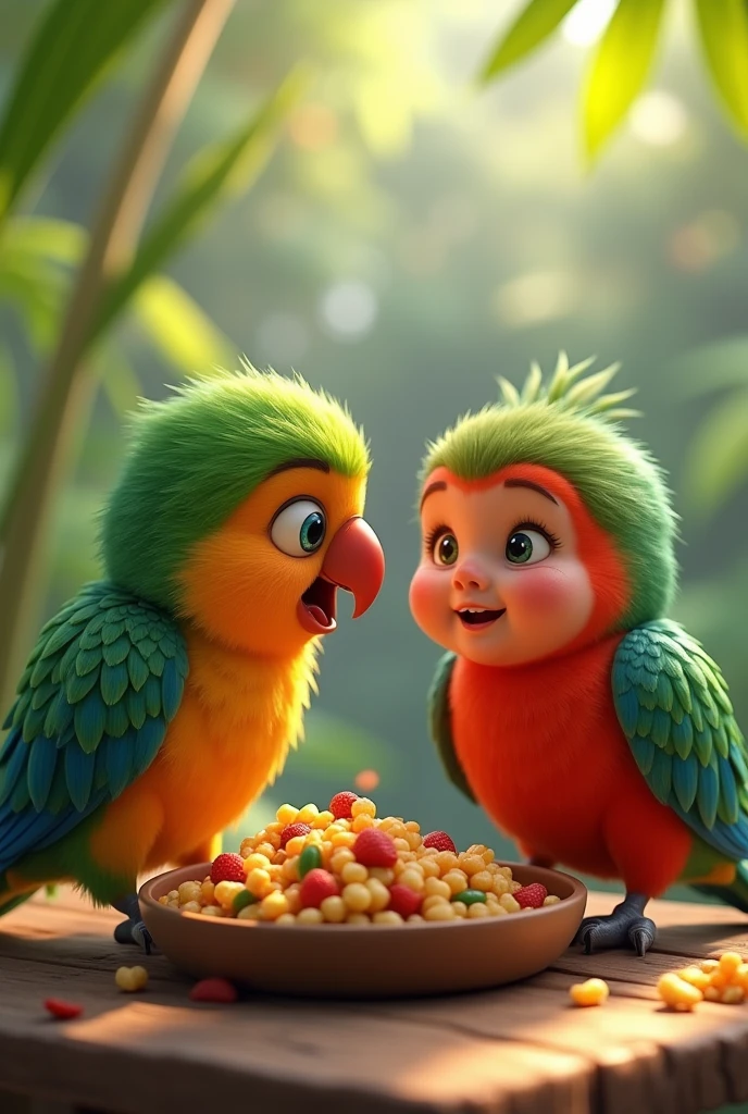 Two parrots eating with his cuty son