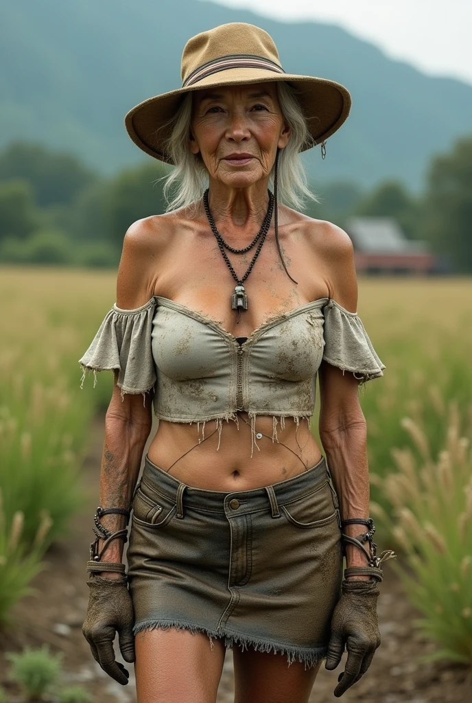 Japan 100 years old old woman aging elderly person aged face gal to off-shoulder、Micro Mini Skirt、Grandma gal wearing thigh-high boots to grandma breast with breast implants,
Tattered off-shoulder top, tattered micro mini skirt, Tattered thigh-high boots, muddy, covered in dirt from working in the fields, the size didn't fit so I forced myself to wear an off-shoulder top、Micro Mini Skirt