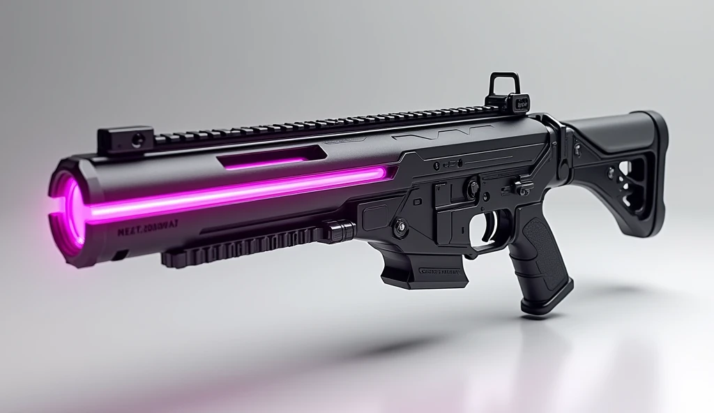 A sleek, lightweight assault rifle with energy conduits running along the barrel, designed for rapid-fire and precision shooting. Matte black with electric pink accents,3D Rendering, Super Detailed, Textured Skin, High Resolution, High Quality,
