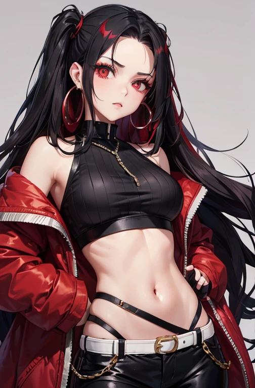 The image shows a stylized figure of a woman with long, wavy black hair with red highlights.. Wear large hoop earrings, dramatic makeup with lined eyes, and a puffy red jacket. Her outfit is completed with a black crop top and black high-waisted pants with details and chains.. The background is dark red and it looks like it's raining.