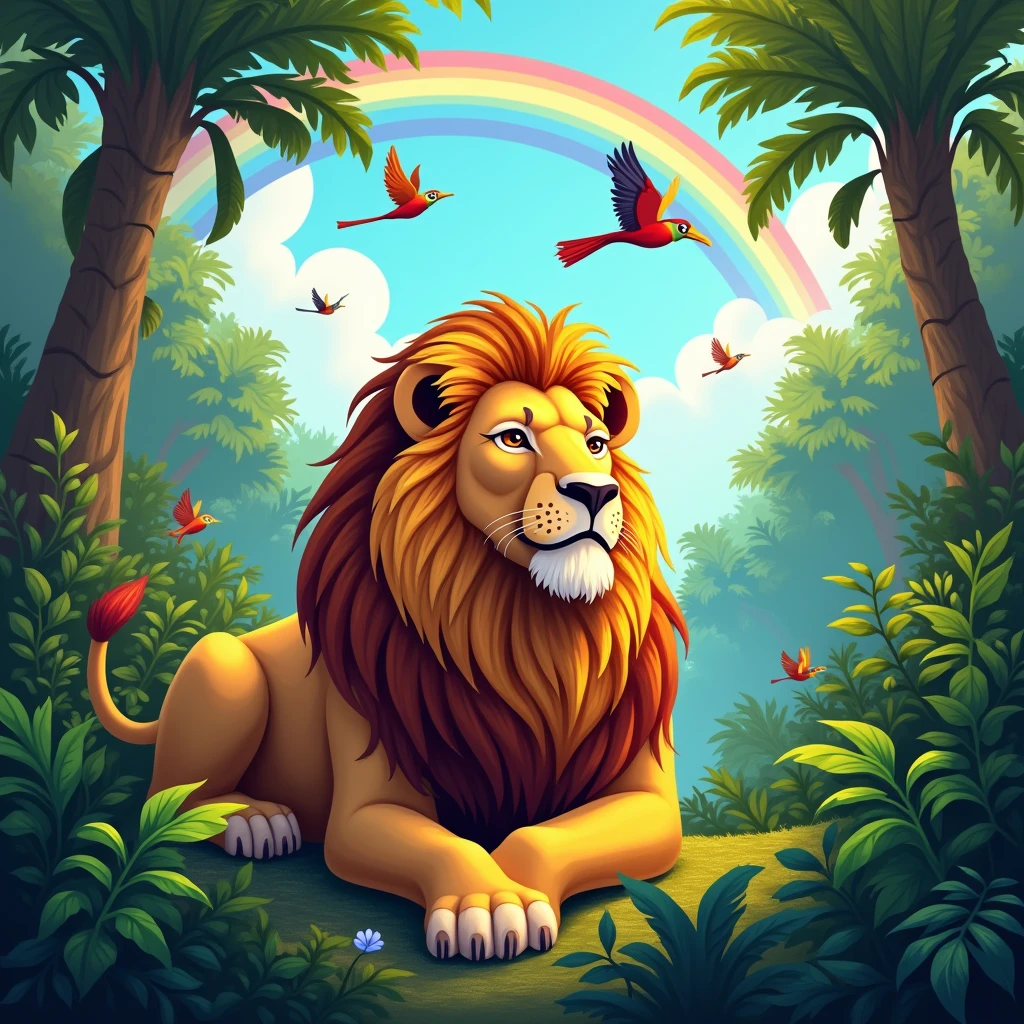 Lion sitting in Amazon forest, birds flying, nature, green, animals, beautiful, detailed, rainbow, masterpiece, realistic and cartoony