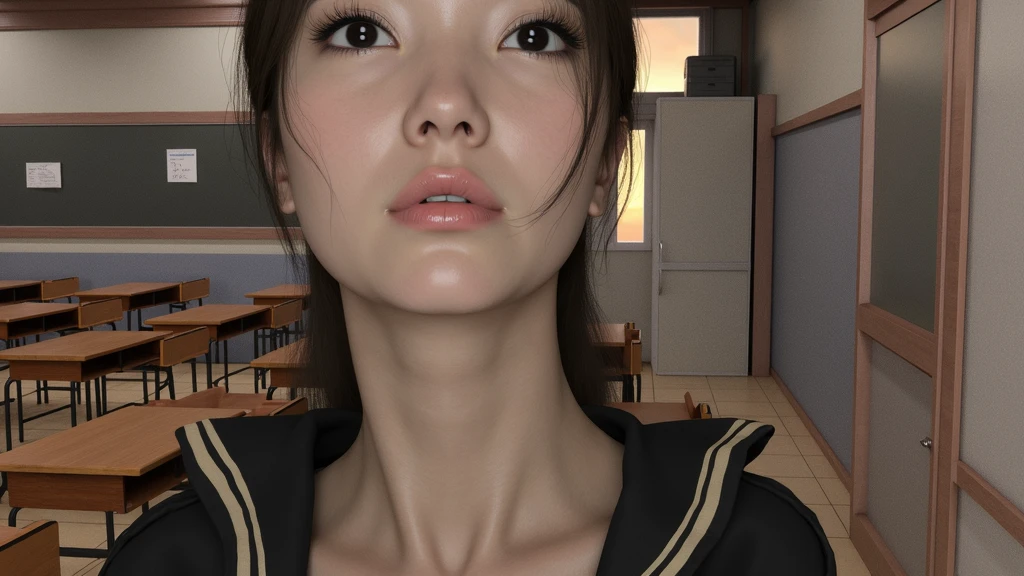 
Young beautiful woman, Chinese face, long neck, Adam's apple, classroom, school uniform