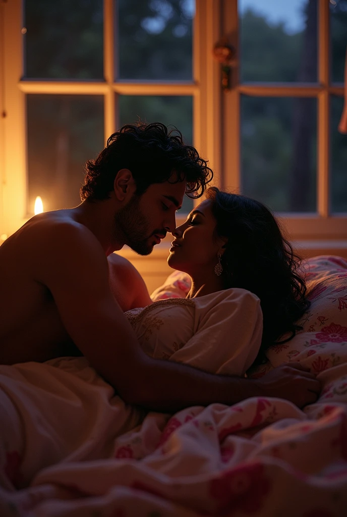 indian man and woman, they are cousins, they are having a discreet relationship, they meet in a secret room at night and have sex, man removes her shirt, they are lying on bed, she is lying sideways and he is hugging her behind, she shows nice cleavage, large windows, extremely romantic scene