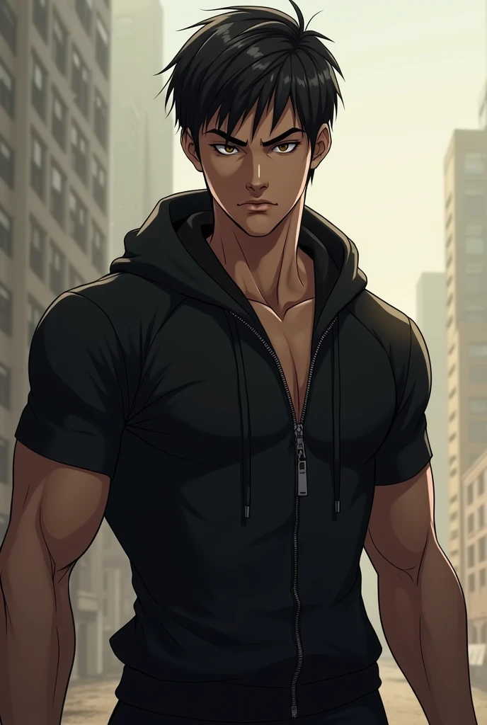 Short black hair、brown Eyes、A fearless face、Black clothing with hoodie with short sleeves and zipper、with superpower force、One caucasican boy、22 year、combat style