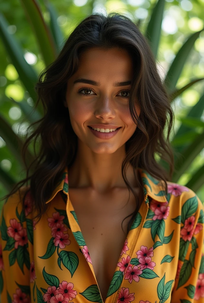 A Brazilian woman in a lush tropical garden, wearing an open shirt with a floral print, with a close-up capturing the harmonious beauty between her breasts and the natural flowers, showing off your natural charm and outgoing personality.