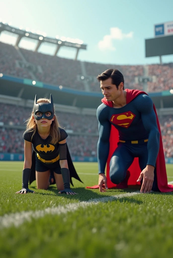 A batkid girl doing push ups with Superman at Studiam