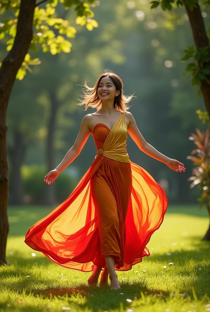 In a vibrant scene, a young woman in a traditional Thai dress twirls joyfully amidst a lush garden, captured with a Canon EOS R5 and a 50mm f/1.2 lens at ISO 200, shutter speed 1/500s; the sunlight filters through the leaves, casting playful shadows on her silk fabric, which shimmers in shades of gold and deep red, while her laughter echoes, blending with the soft rustle of the breeze, creating a vivid tapestry of culture and joy that celebrates the essence of Thai heritage