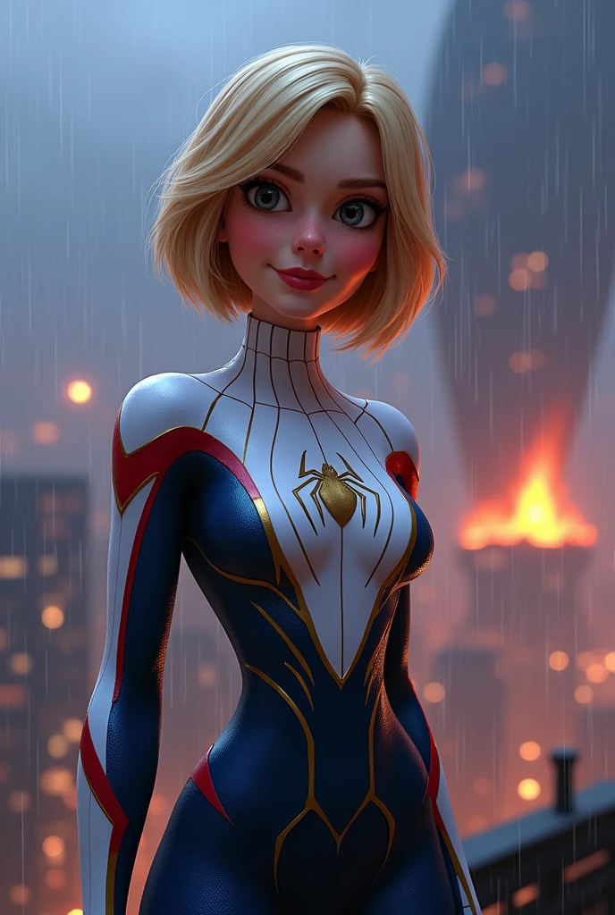 Animated, cartoon, pixar, gwen stacey (spiderverse) white and blue spider man suit, short and uncut hair, (blonde) beautiful face, rain, roof, masterpiece, intricate details, perfect anatomy, animated style, in the rain, giant alien ship burning in the background