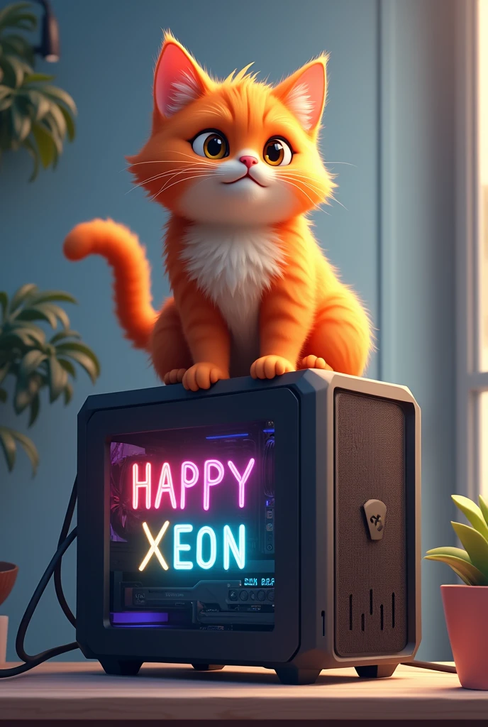 Cute orange cat, gaming computer with Happy Xeon text