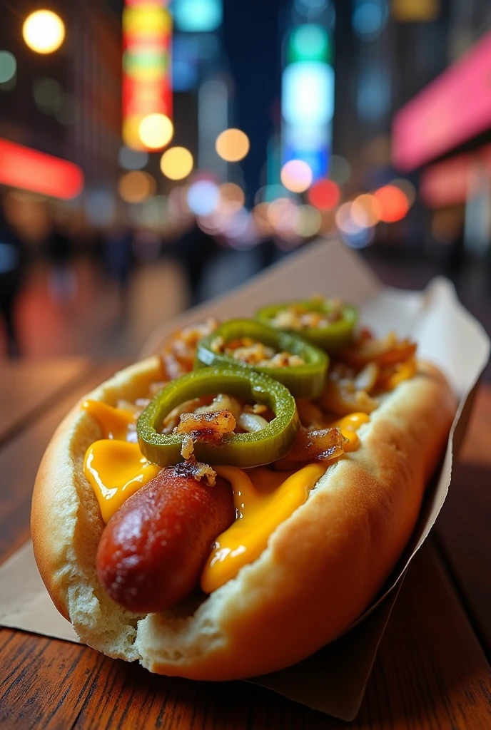 Hot dog au fromage cheddar et oignon cuit avec jalapeños à Manhattan