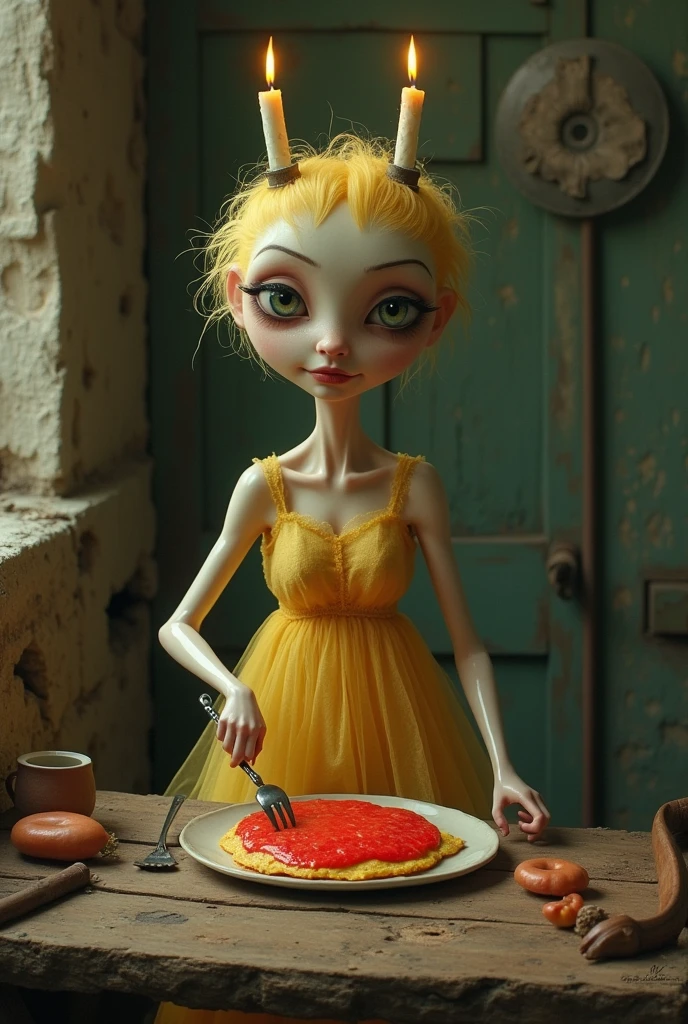 A square-faced woman should make a red omelette, a very old house, a very thin yellow tulle on the woman, she should look a little like an alien, not scary, but cute, and have candles on her head.