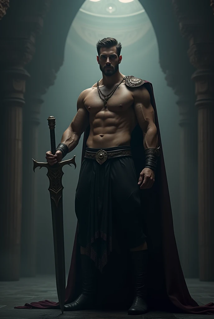 ((Michael Fassbender)), Homem com uma roupa preta segurando uma espada em um quarto escuro, Joel Kinnaman como um deus grego, 8 k filme ainda, portrait of demigod hercules, atraente macho de carne com armadura, Hercules, Retrato do deus grego Ares, filme ainda 8K, filme ainda de god of war, THOR, Brazilian , abs, buff, hot, king crown and cape, heart tattoo, ,setting on throne, fantasy background
