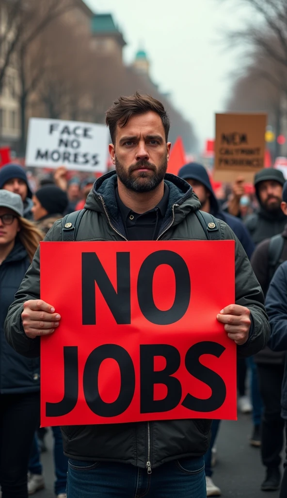 The image you provided shows a man holding a sign that reads "NO JOBS" in large red letters. Behind him is a crowd of people, many of whom appear to be holding protest signs. The atmosphere suggests a protest or demonstration regarding unemployment issues.