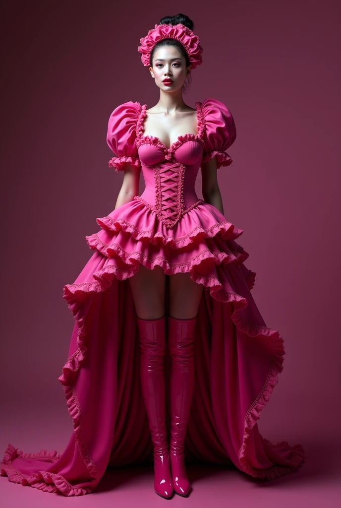 slim latex magenta maid, puff sleeve, many ruffles, neckline,very very red lips, show the whole body, verkneehigh latex boots, voluminous skirt, The whole dress touches the floor, (vagina), (shaved pussy)