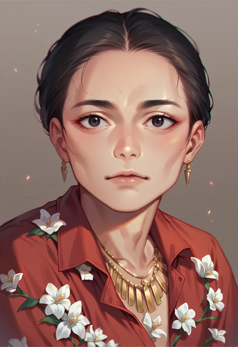 black eye, wajah Indonesia, Gusti Raden is beautiful, wearing a gold necklace, anting emas, red shirt with white jasmine flower motif