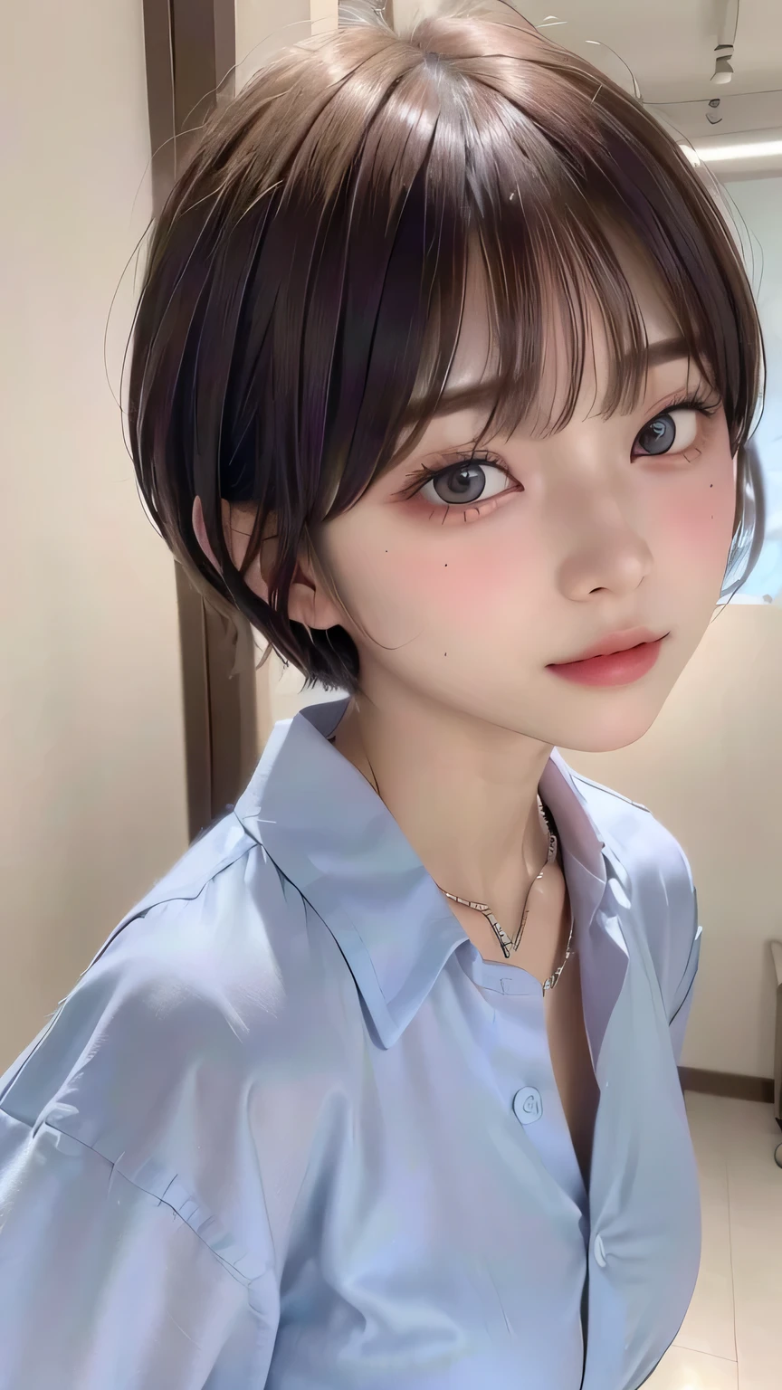 (Highest quality:1.3)、(Masterpiece:1.4)、Raw photo、8k、((Best image quality))、 ((High resolution))、Beautiful face in every detail、Realistic human skin、Gentle expression、(Cute natural anime face)、(One Woman:1.3)、Realistic、Photorealistic、short hair、(Beautiful woman)、((Cool Japan girl))、(boyish:1.5)、mannish、((Beautiful woman))、(Beautiful Hair)、((Dark brown hair))、(Blushing:1.5)、(Fashion Model:1.3)、(Every woman admires her face:1.3)、((Her eyes are big))、20 year old beauty、(Small face)、Small Head、((Long neck))、(High school girls)、uniform、(Japanese high school uniform)、(High school girlsのuniform)、((White button-up shirt))、(A shirt with a wide open chest)、Collared shirt、(necklace)、(The aspirations of young people)、(The center of attention in school:1.3 )、everyone will love her、You can almost see your cleavage、Attractive lips、[[smile]]、(She has a great figure)

