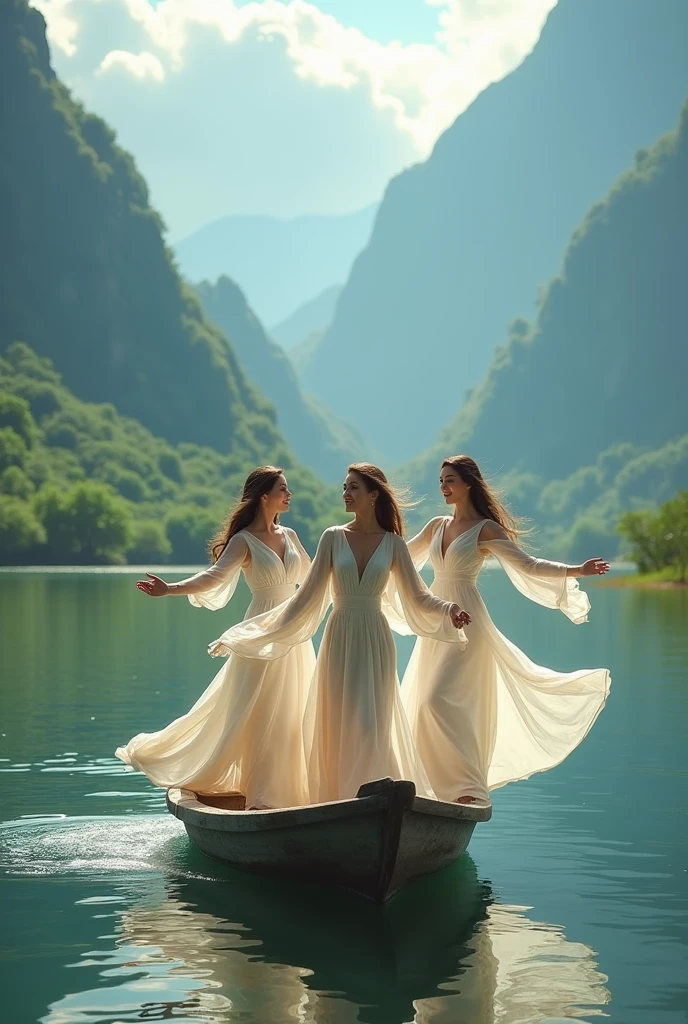 Photoshoot of beautiful women dancing on a small boat in a wide well and beautiful scenery