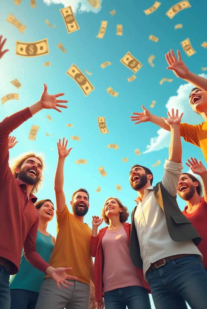 People smile happily, look up, spread their arms, wait to receive money, with a lot of money falling from the sky during the day.