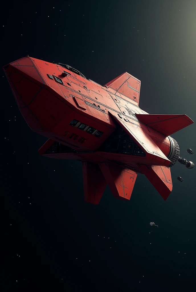 A spaceship carrying huge cargo,Wingless,Red Spaceship,The window is small and you can see outside.,Precision machinery can be seen through gaps in the exterior,Huge rocket engine,