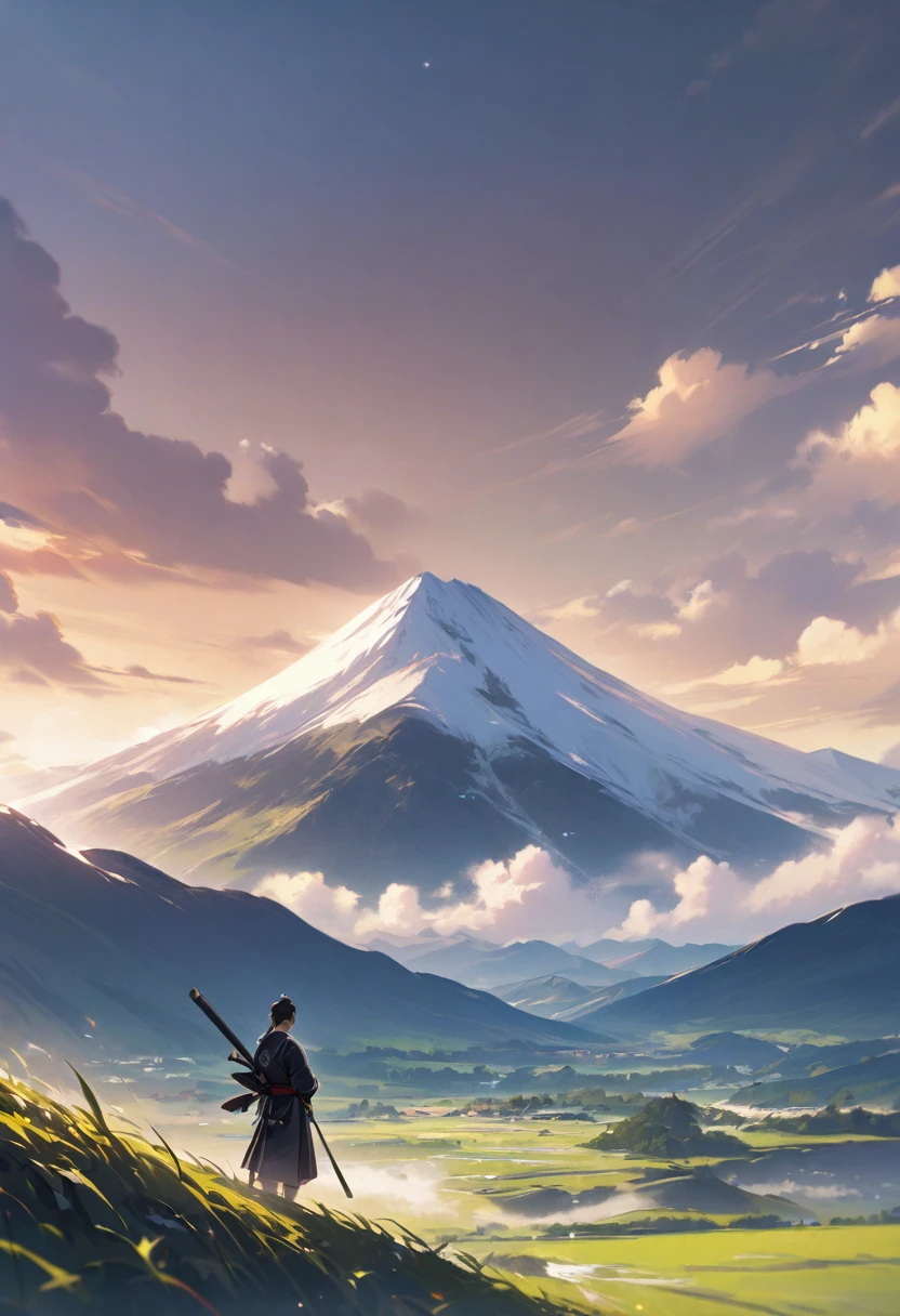 A young samurai is training with his family。Mountains in the distance々I can see、A sense of severity in a serene landscape。」