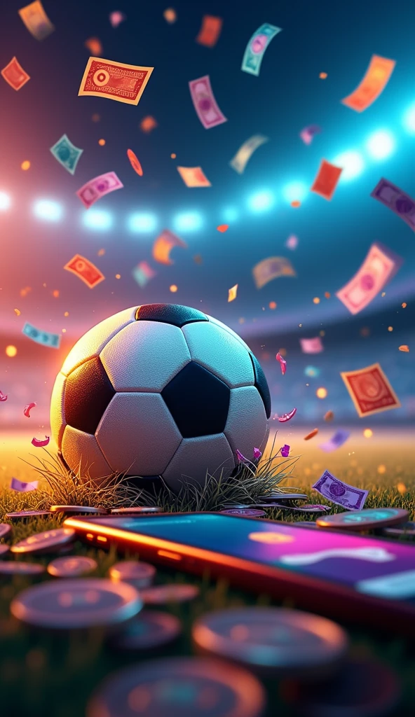 Create a splash screen image that features a football and a smartphone, with colorful bills and coins flowing out of the phone, representing big wins and excitement. The overall theme should capture the thrilling world of football gambling. Ensure that the app name '3xscores' is prominently displayed in bold, eye-catching text, styled as a logo. The logo design should include dynamic elements like a football icon or a trophy, with vibrant colors that emphasize energy and excitement