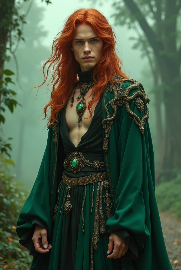 Young Man around 17, ((( Green + black outfit), snake jewelry, long sleeves, wide sleeves, , embroidery, long skirt, North Prince outfit, long flowing red hair, detailed face, detailed green beautiful eyes, (intricate:1.3), (arcane aura:1.2), (dreamlike:1.3), (subtle mist:1.1),(vibrant colors:1.2), (detailed hair:1.3), (ultra realistic details:1.5),