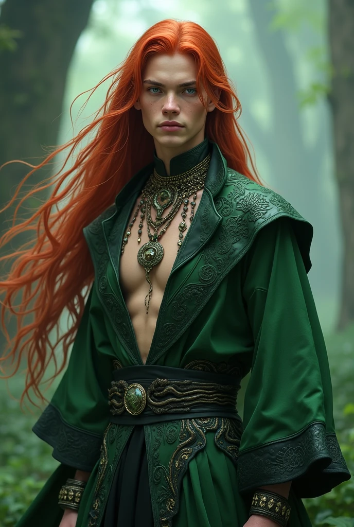 Young Man around 17, ((( Green + black outfit), snake jewelry, long sleeves, wide sleeves, , embroidery, long skirt, North Prince outfit, long flowing red hair, detailed face, detailed green beautiful eyes, (intricate:1.3), (arcane aura:1.2), (dreamlike:1.3), (subtle mist:1.1),(vibrant colors:1.2), (detailed hair:1.3), (ultra realistic details:1.5),
