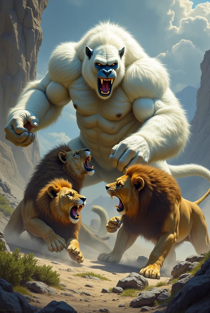 A white gorilla fighting three lions in the style of Frank Frazetta and in the style of Boris Vallejo, fantasy art cover. --v 5.2 --ar 21:32