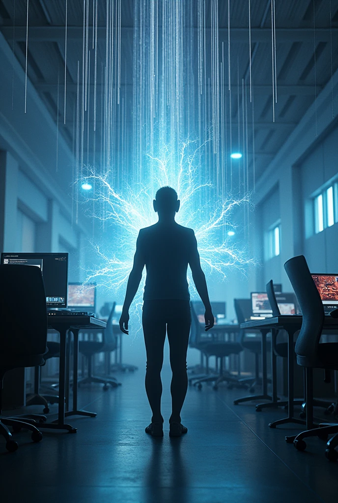 Striking silhouette of a virtual reality artist in an office with spiritual energy light and lines surrounding